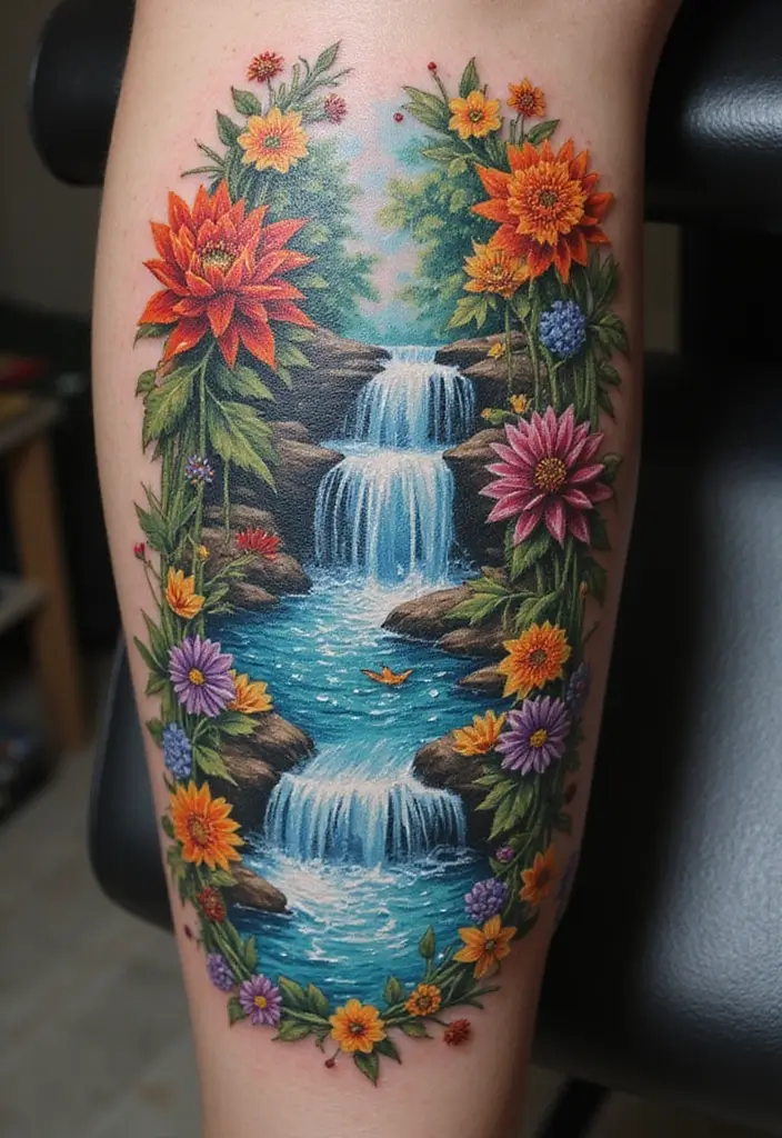 30 Waterfall Tattoos That Flow with Beauty - 27. Mosaic Waterfalls