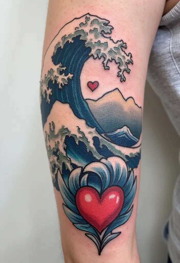 30 Wave Tattoo Sleeve Ideas That Make a Bold Statement - 27. Heartfelt Wave Expressions