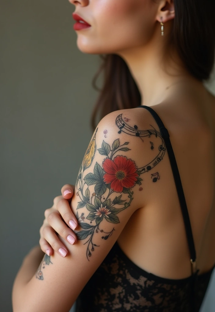 30 Women’s Feminine Arm Tattoos That Look Stylish - 27. Floral Music Notes