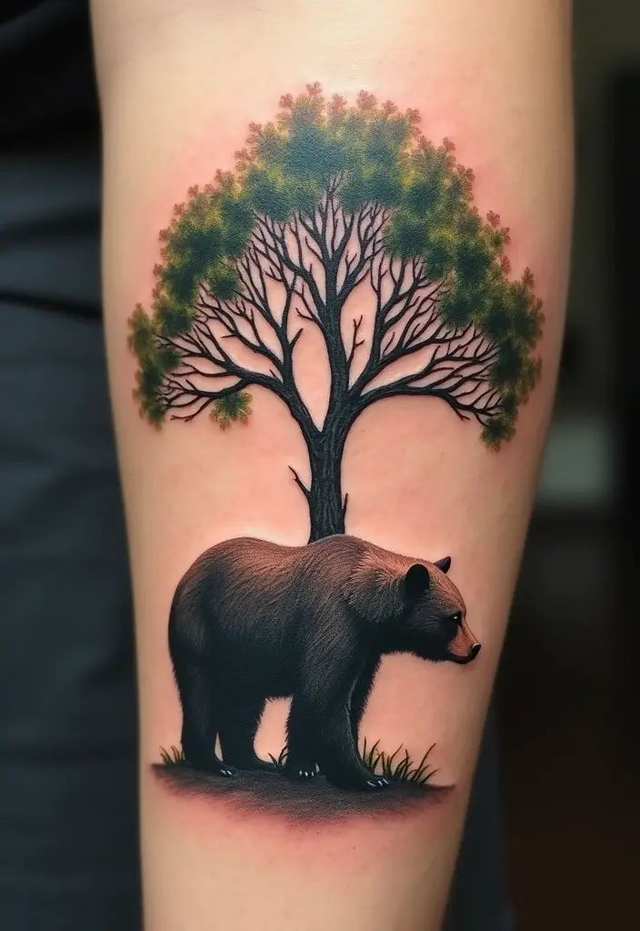 30 Bear Shoulder Tattoo Inspirations with Power and Strength - 28. Bear under a Tree