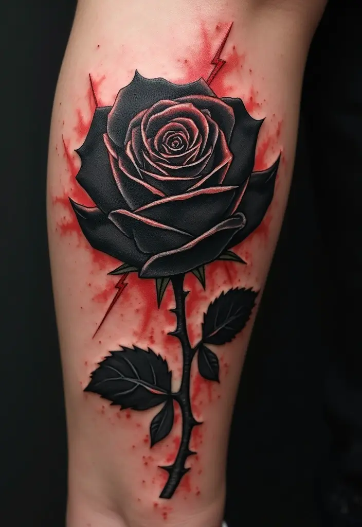 30 Black Rose Tattoo Meaning and Design Inspirations - 28. Black Rose with Lightning Bolts