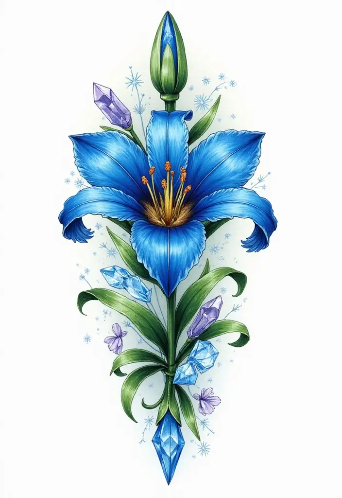 30 Blue Lily Tattoo Designs That Look Elegant - 29. Blue Lily with Crystal Elements