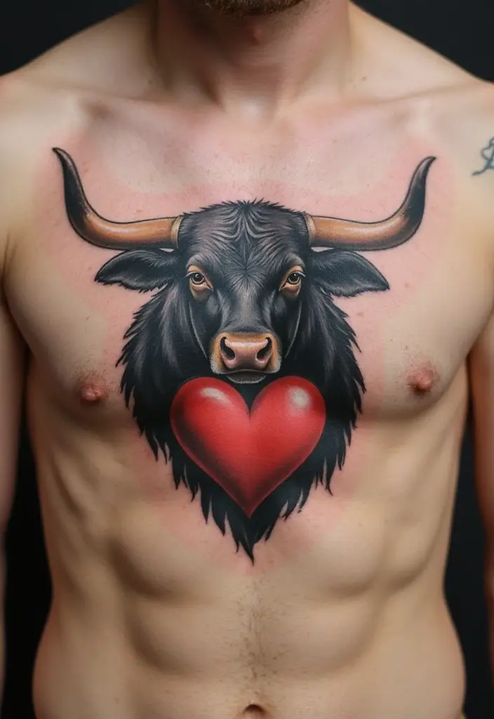 30 Bull Tattoo Chest Ideas Full of Strength - 28. Bull with a Heart