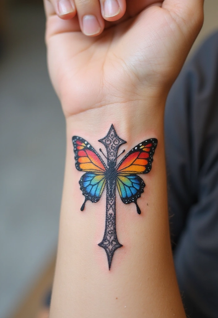 30 Celtic Cross Tattoos with Deep Spiritual Significance - 28. Celtic Cross with a Butterfly