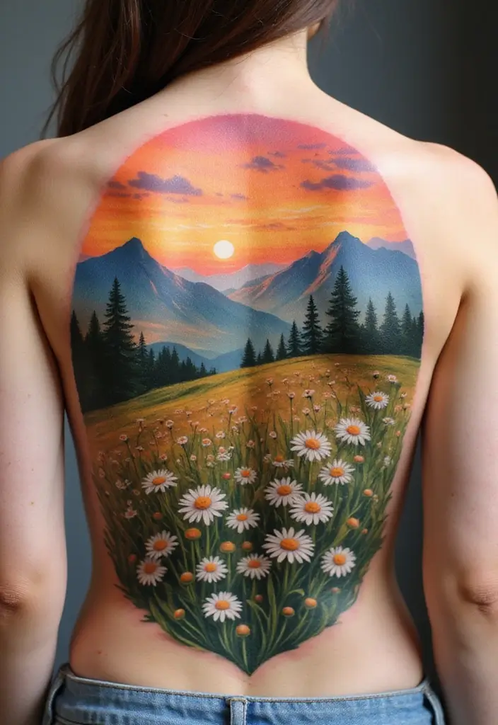 30 Colorful Daisy Tattoo Inspirations Full of Joy - 28. Daisies and Landscape Scenes