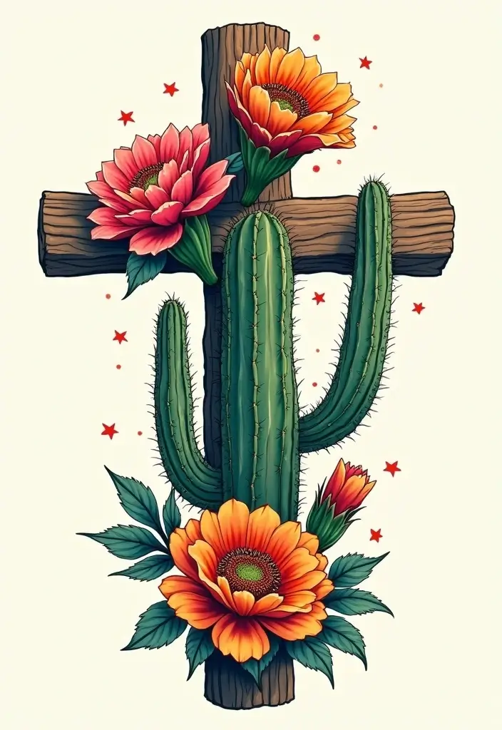 30 Cross with Flowers Tattoo Ideas That Blend Faith and Beauty - 28. Cross with Cactus Flowers