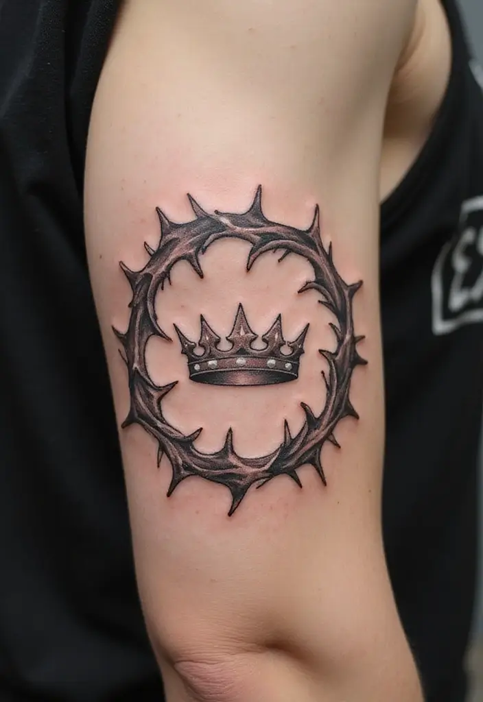 30 Crown of Thorns Bicep Tattoo Inspirations You’ll Admire - 28. Timeless Script