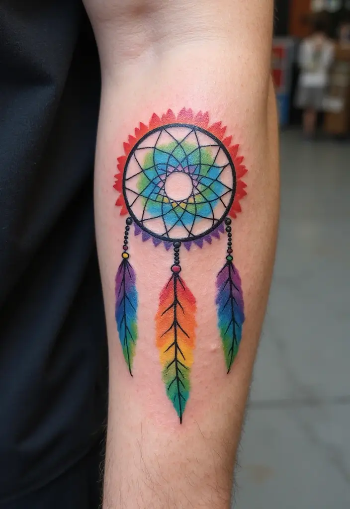 30 Dream Catcher Tattoo Ideas for Men with Protective Energy - 28. Dream Catcher with Rainbow