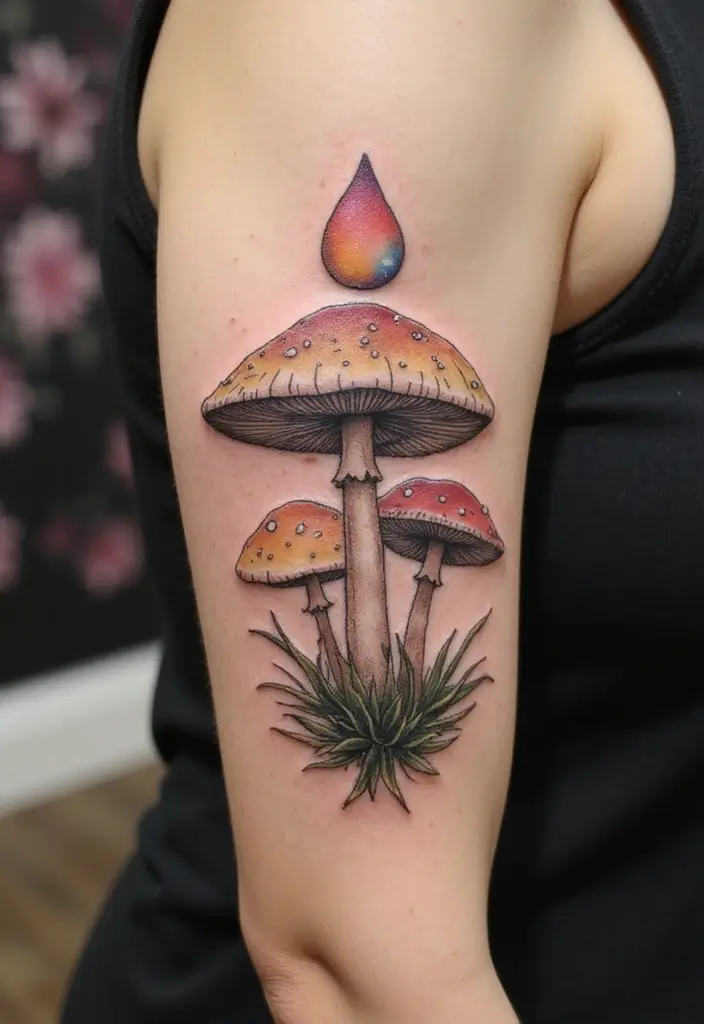 30 Empty Teardrop Tattoo Meaning and Design Ideas - 29. Teardrop with a Mushroom