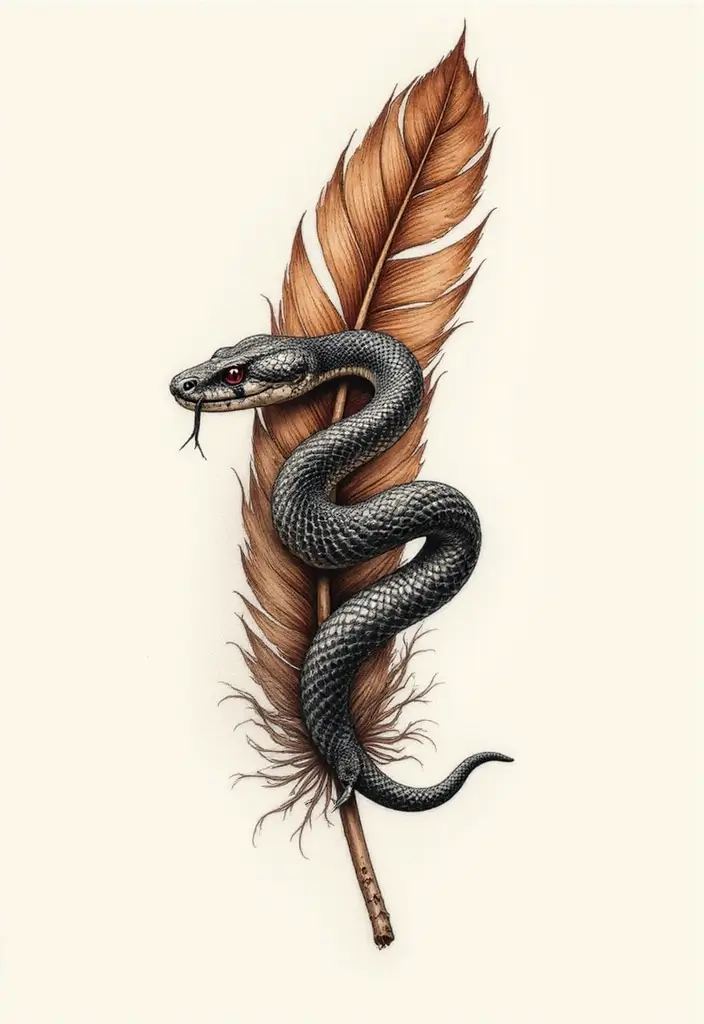 30 Geometric Snake Tattoo Ideas with Unique Patterns - 28. Snake and Feather Fusion