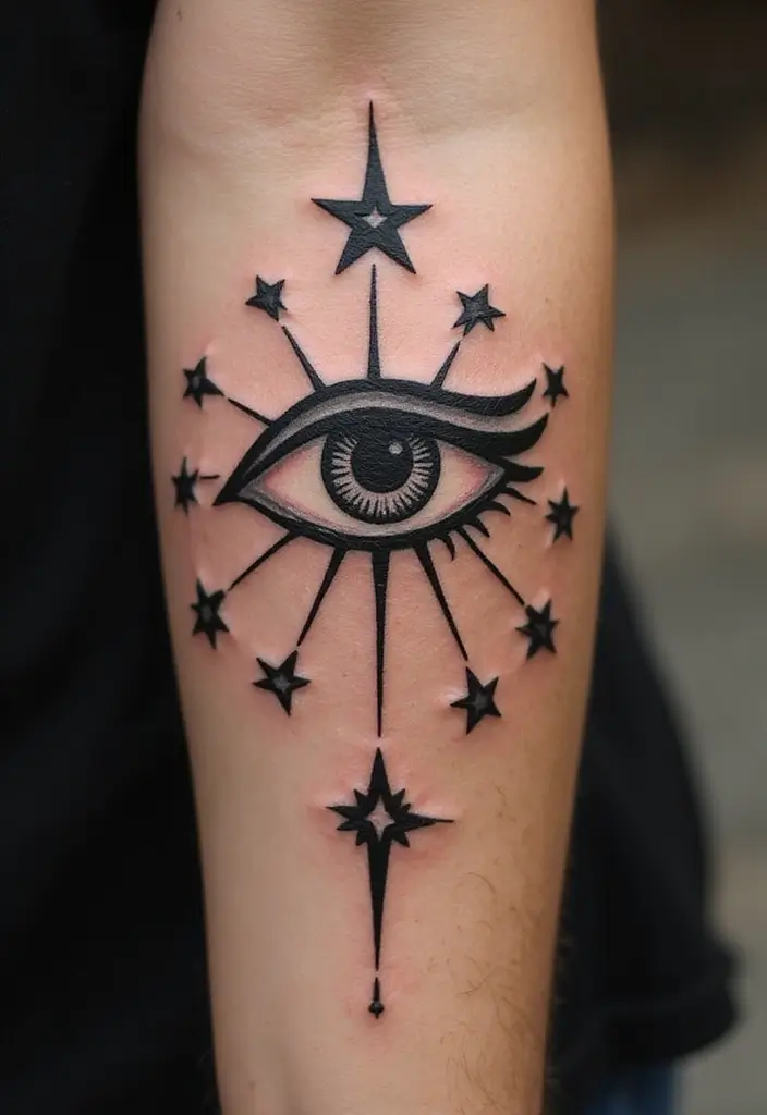30 Greek Eye Tattoo Meaning and Stunning Design Ideas - 28. Greek Eye with Stars