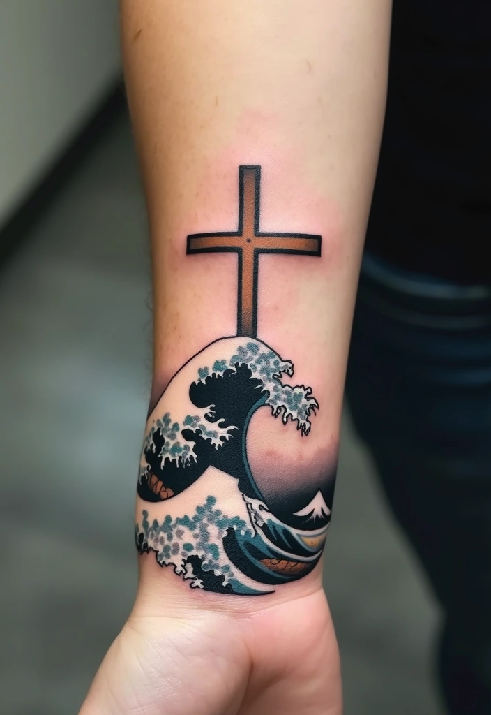 30 Hand Cross Tattoos That Blend Faith and Style - 28. Cross with Ocean Waves