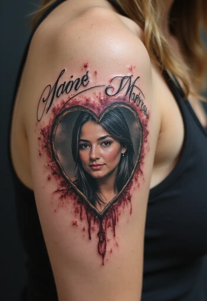 30 Heart Tattoos with Names to Celebrate Love and Bonds - 28. Heart with a Portrait and Name