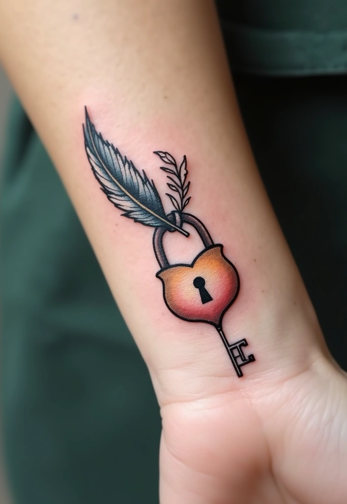 30 Key Lock Tattoo Ideas Symbolizing Love and Mystery - 28. Lock and Key with a Feather