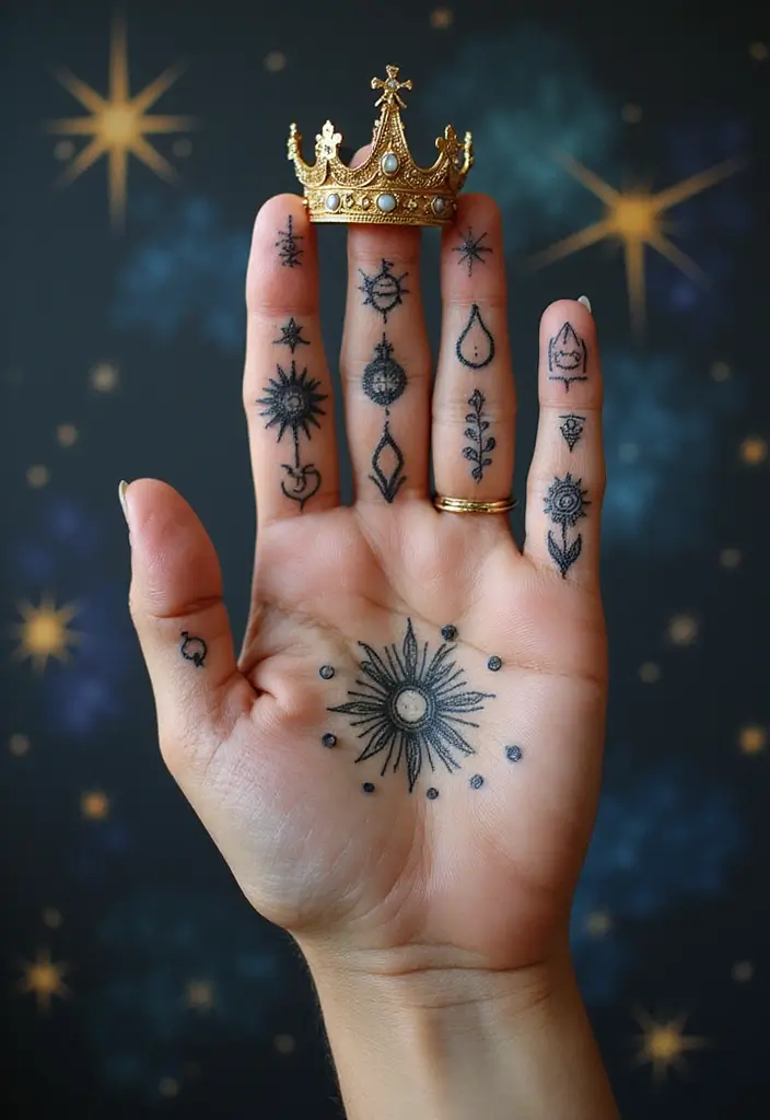 30 King and Queen Tattoos Finger Designs for Couples - 28. Crown with Zodiac Signs