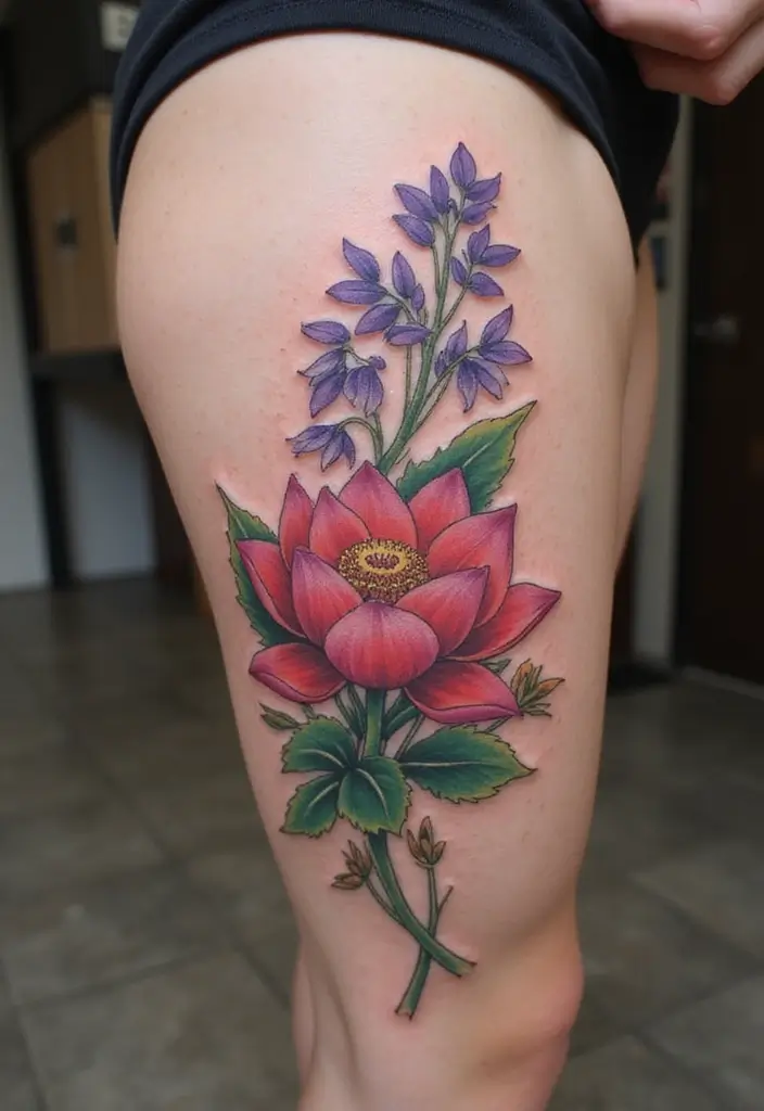 30 Larkspur Tattoo Designs Inspired by Birth Flowers - 28. Larkspur with a Lotus
