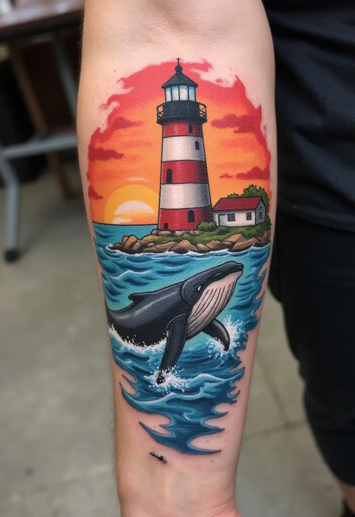 30 Lighthouse Forearm Tattoo Ideas That Guide the Way - 28. Lighthouse with a Whale