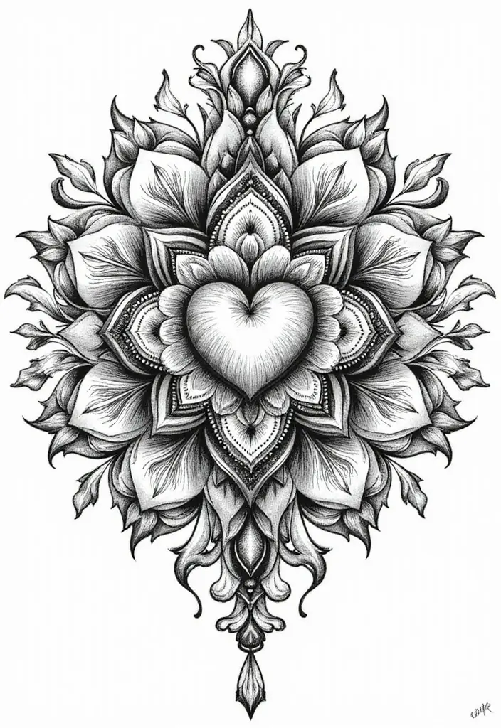 30 Mandala Tattoo Ideas with Spiritual and Geometric Beauty - 28. Mandala and Heart Symbols