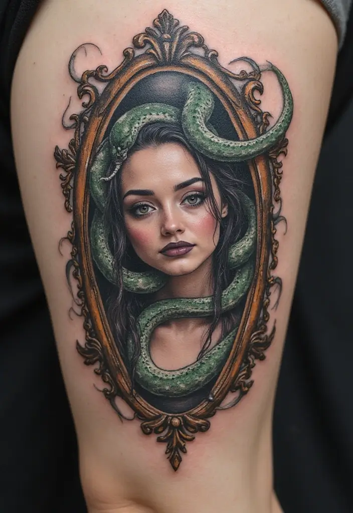 30 Medusa Tattoos for Females with Bold and Fierce Symbolism - 28. Medusa with a Mirror