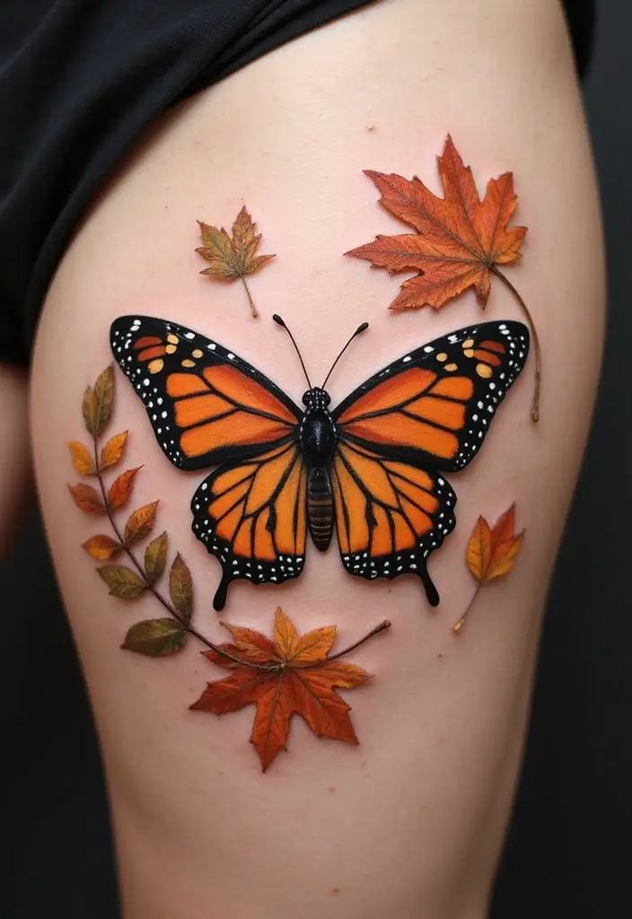 30 Monarch Butterfly Tattoo Designs with Deep Symbolism - 28. Monarch Butterfly with Seasonal Themes