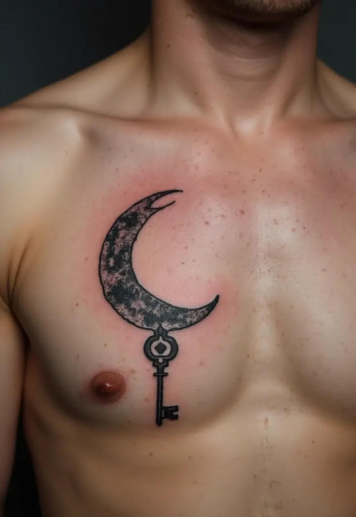 30 Moon Tattoos for Men That Radiate Power and Mystery - 28. Moon and Key Tattoo