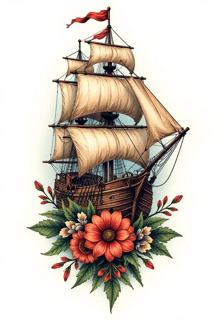 30 Pirate Ship Tattoo Designs for Ocean Lovers - 28. Pirate Ship and Floral Elements