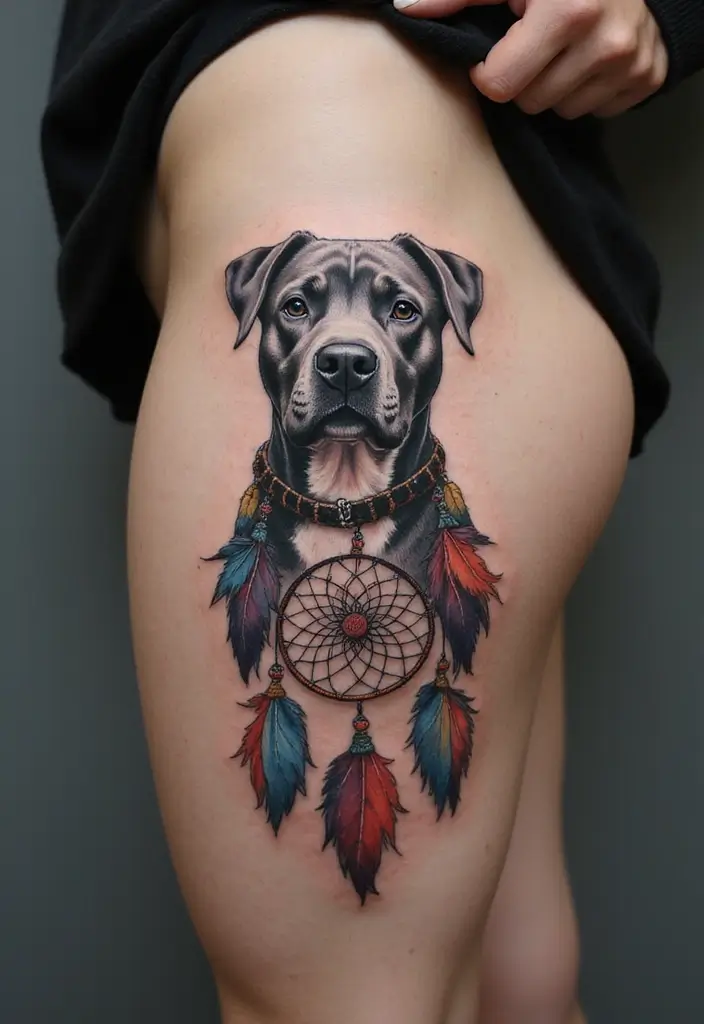 30 Pitbull Tattoo Designs Celebrating Strength and Loyalty - 28. Pitbull with Dreamcatcher