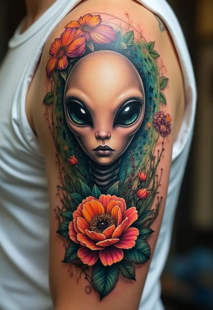 30 Realistic Alien Tattoo Inspirations That Look Out of This World - 28. Alien Portraits with Nature