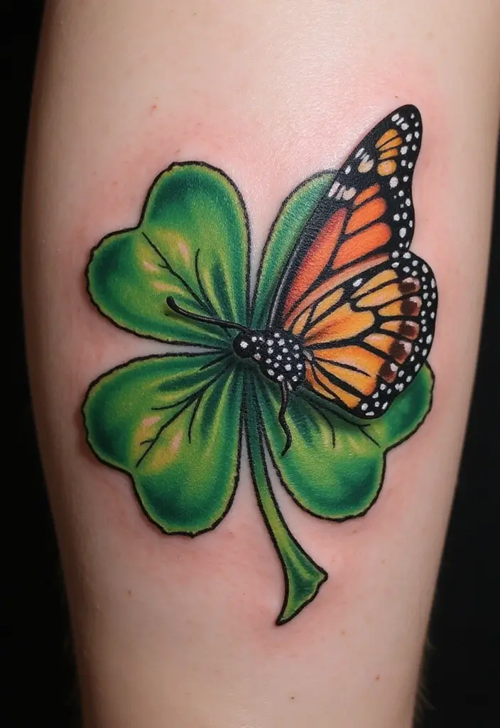 30 Realistic Four Leaf Clover Tattoo Inspirations for Luck - 28. Clover and Butterfly Combo