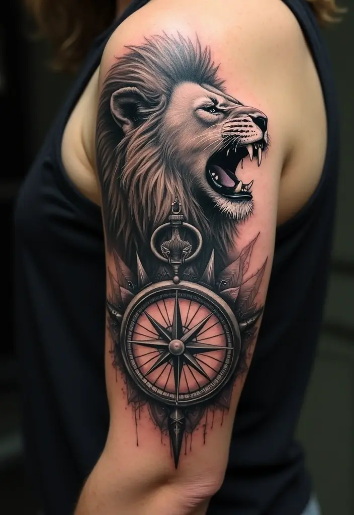 30 Roar Lion Tattoo Inspirations That Show Strength - 28. Lion with Compass: Guiding Strength