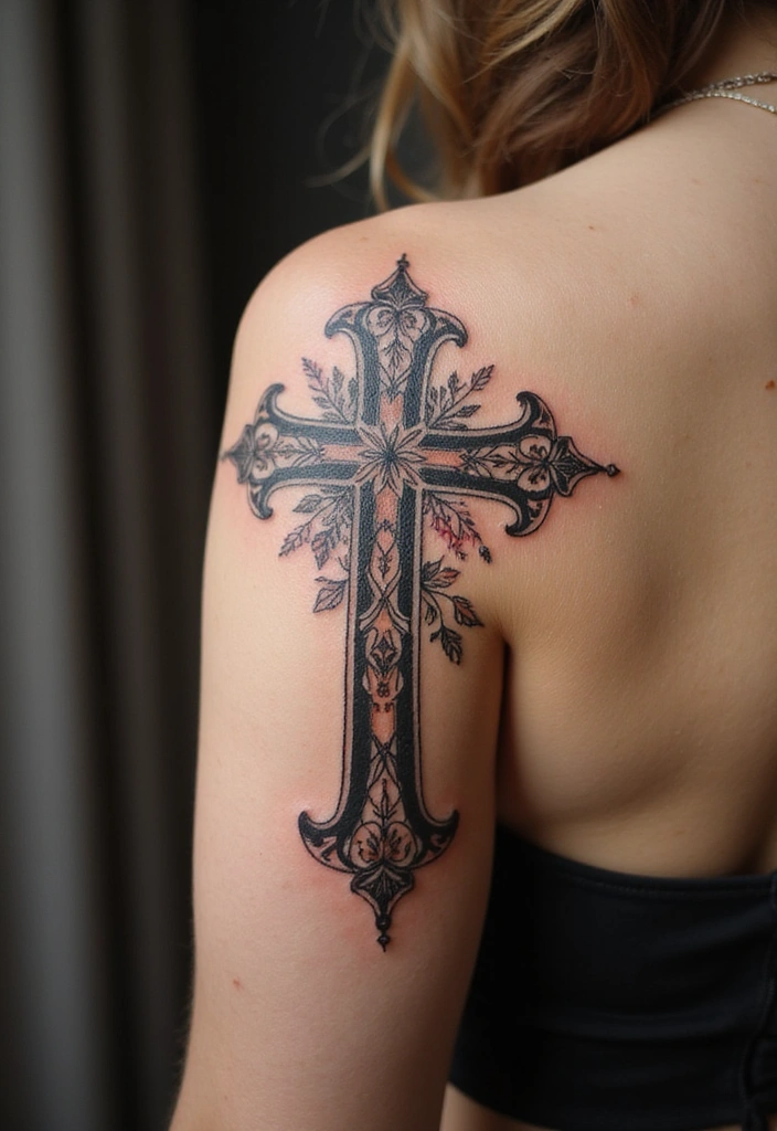 30 Shoulder and Back Tattoos for Guys with Masculine Energy - 28. The Cross