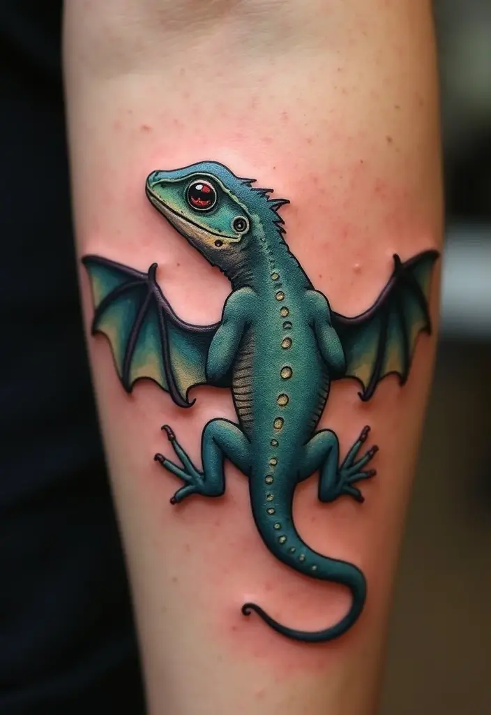 30 Small Lizard Tattoo Designs That Look Unique - 28. Lizard with Bat Wings