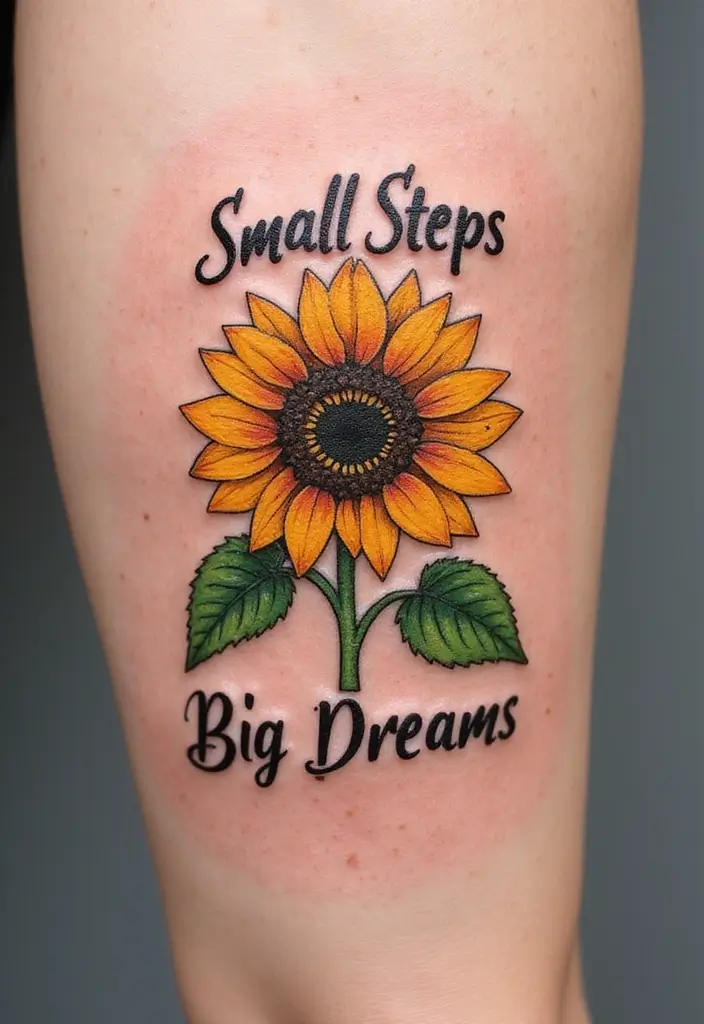 30 Sunflower and Quote Tattoo Ideas Full of Positivity - 28. Sunflower with 'Small Steps, Big Dreams'