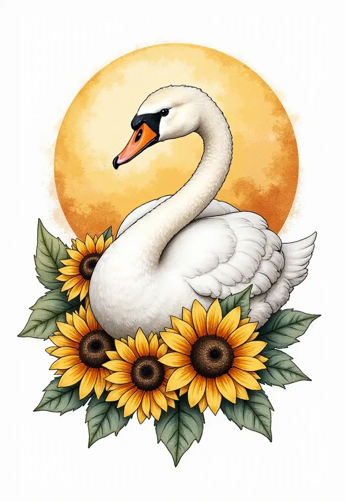 30 Graceful Swan Tattoo Ideas for a Timeless Look - 28. Swans and Sunflowers