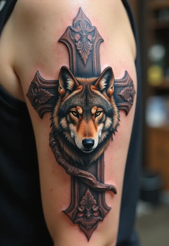 30 Tattoo Cross 3D Designs That Look Realistic - 28. Cross with a Wolf