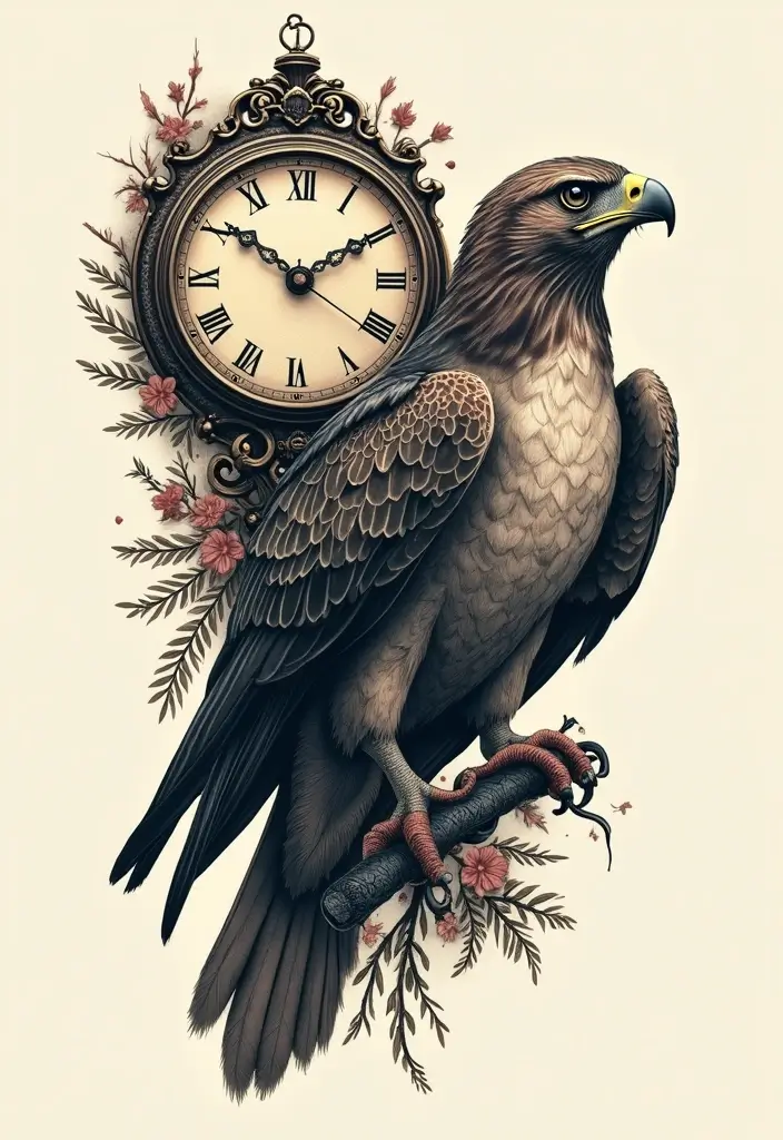 30 Hawk Tattoo Designs That Represent Vision and Strength - 28. Hawk and Clock