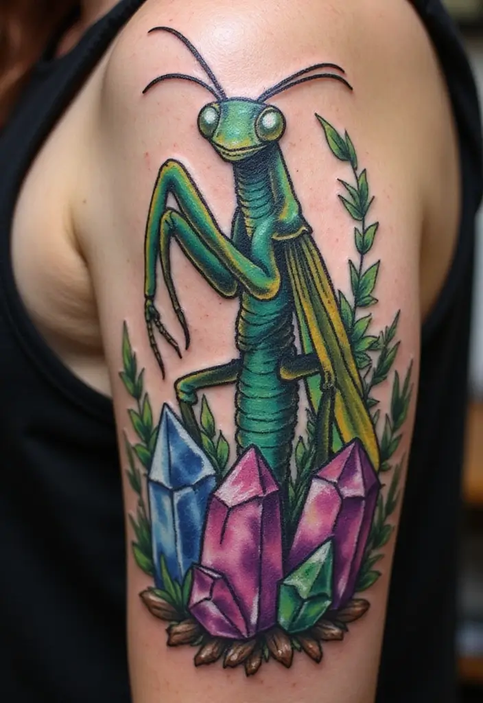 30 Traditional Praying Mantis Tattoo Ideas You’ll Love - 28. Mantis with Crystals