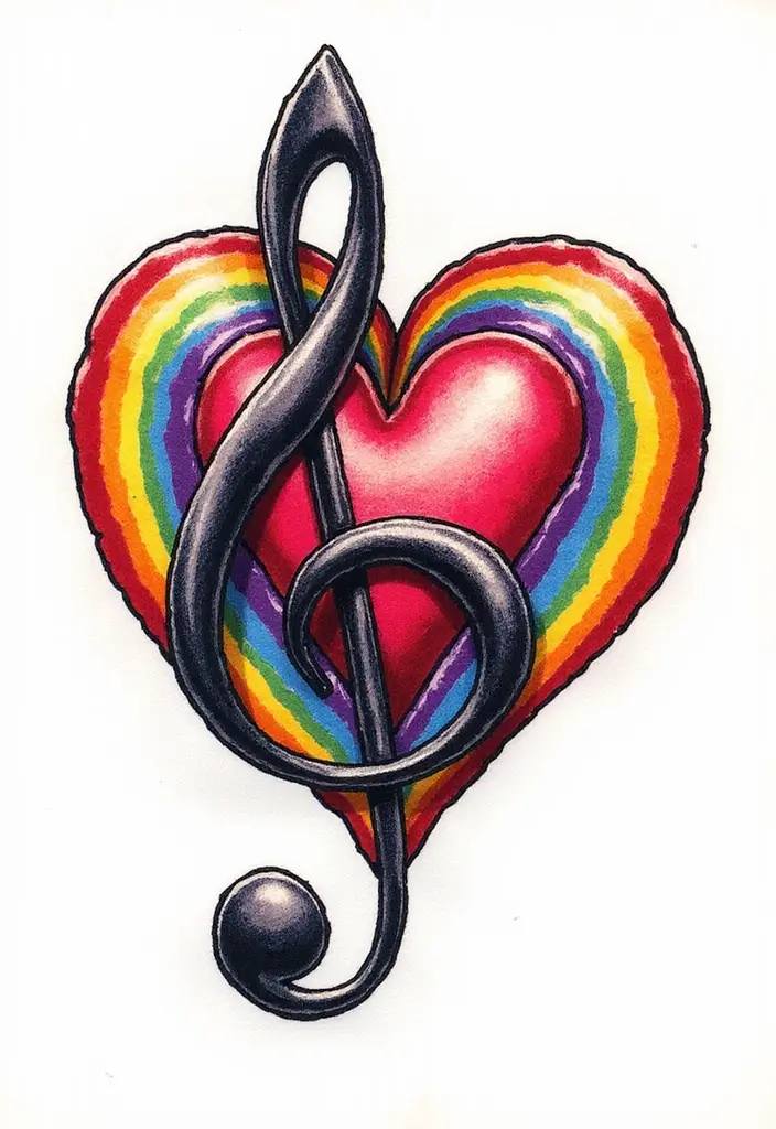 30 Treble Clef and Bass Clef Heart Tattoo Ideas for Music Lovers - 29. Clef Heart with a Rainbow