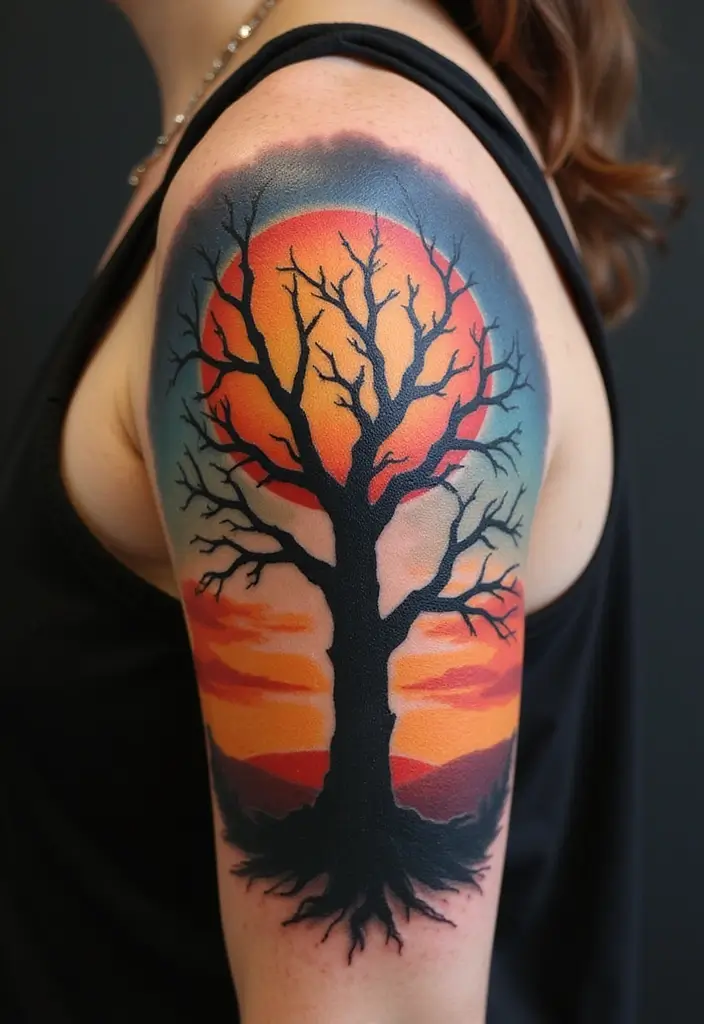 30 Tree on Shoulder Tattoo Ideas That Look Stunning - 28. Tree Silhouette with Sun and Moon