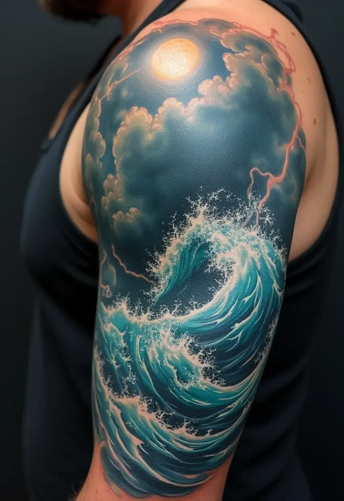 30 Wave Tattoo Sleeve Ideas That Make a Bold Statement - 28. Nature’s Fury