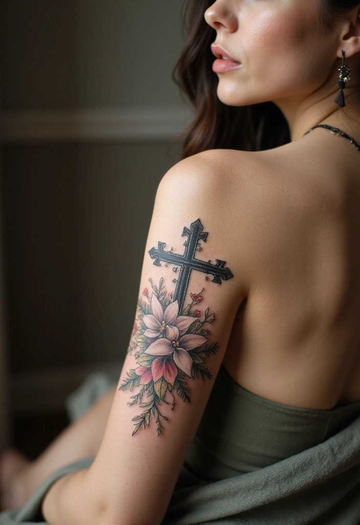 30 Women’s Feminine Arm Tattoos That Look Stylish - 28. Floral Cross Tattoos