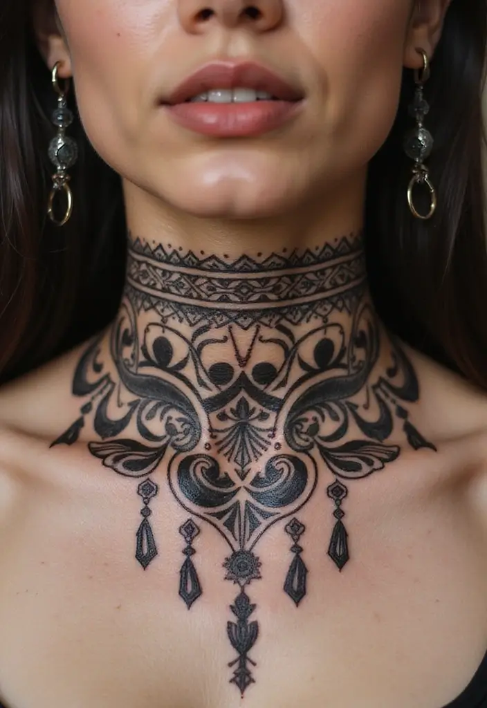 30 Women's Throat Tattoos That Are Edgy and Elegant - 28. Cultural Patterns