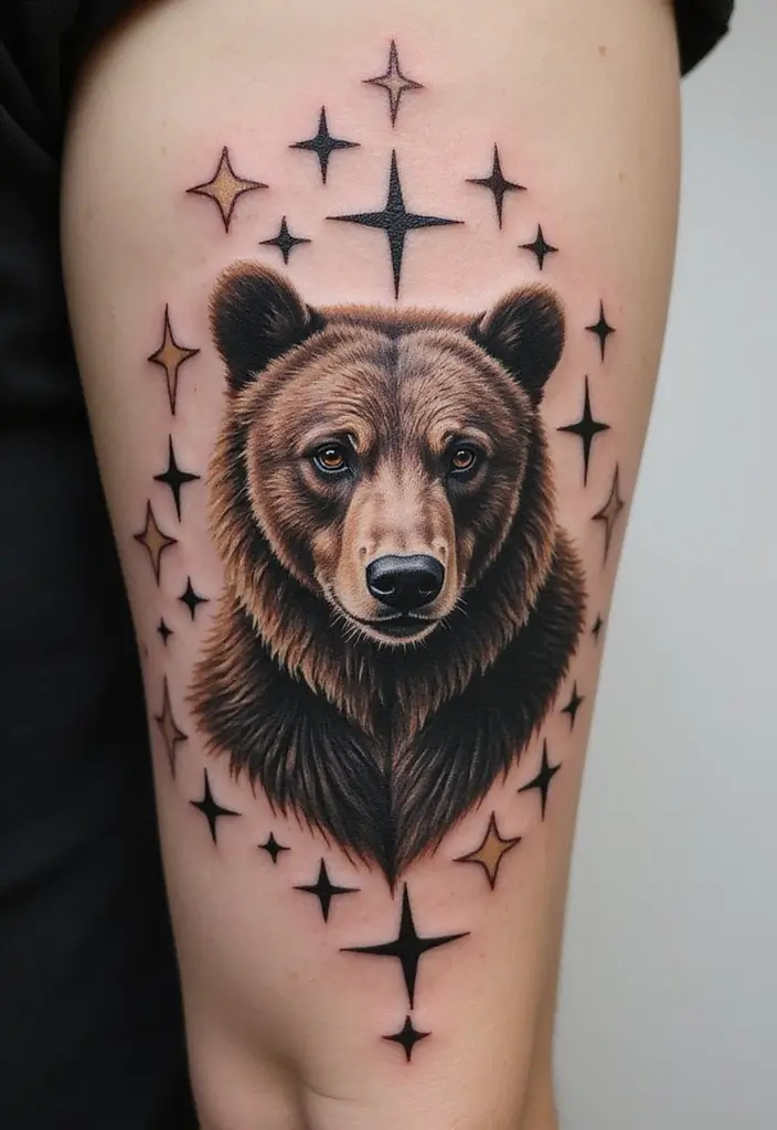 30 Bear Shoulder Tattoo Inspirations with Power and Strength - 29. Bear with Stars