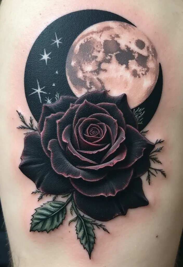 30 Black Rose Tattoo Meaning and Design Inspirations - 29. Black Rose with a Moon