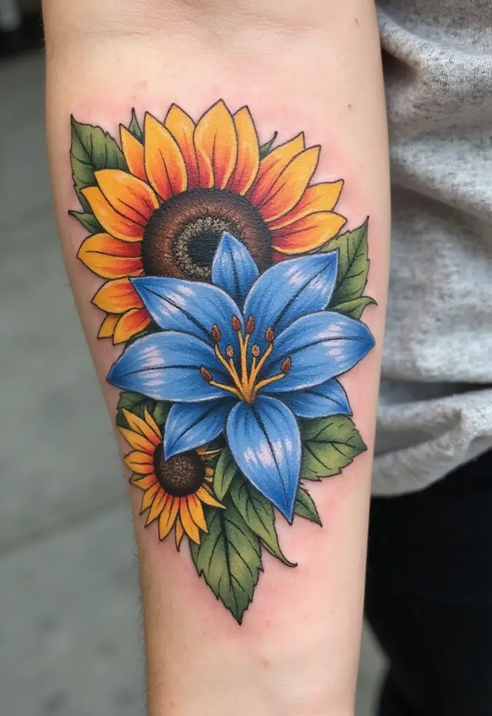 30 Blue Lily Tattoo Designs That Look Elegant - 30. Blue Lily and Sunflower Fusion