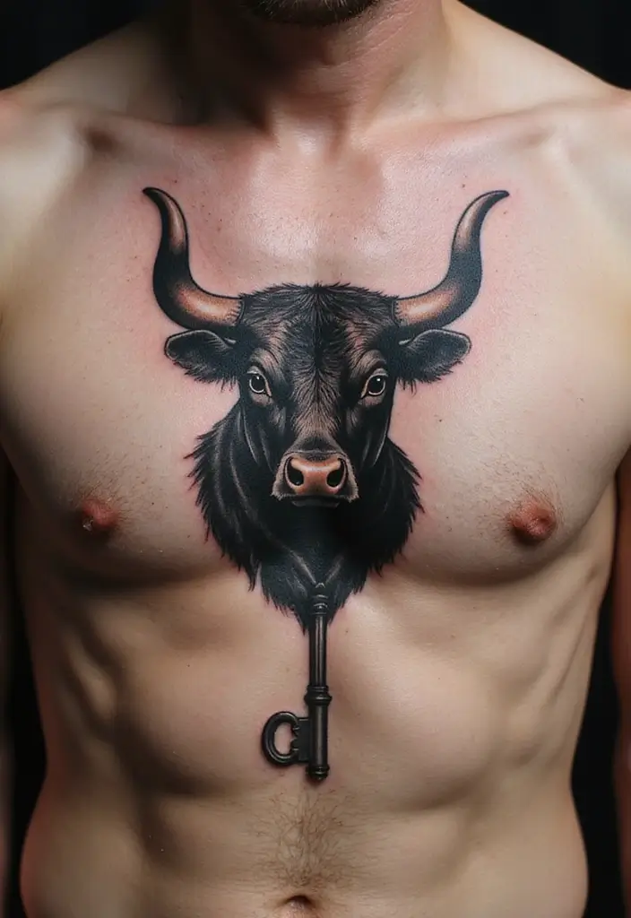 30 Bull Tattoo Chest Ideas Full of Strength - 29. Bull with a Key