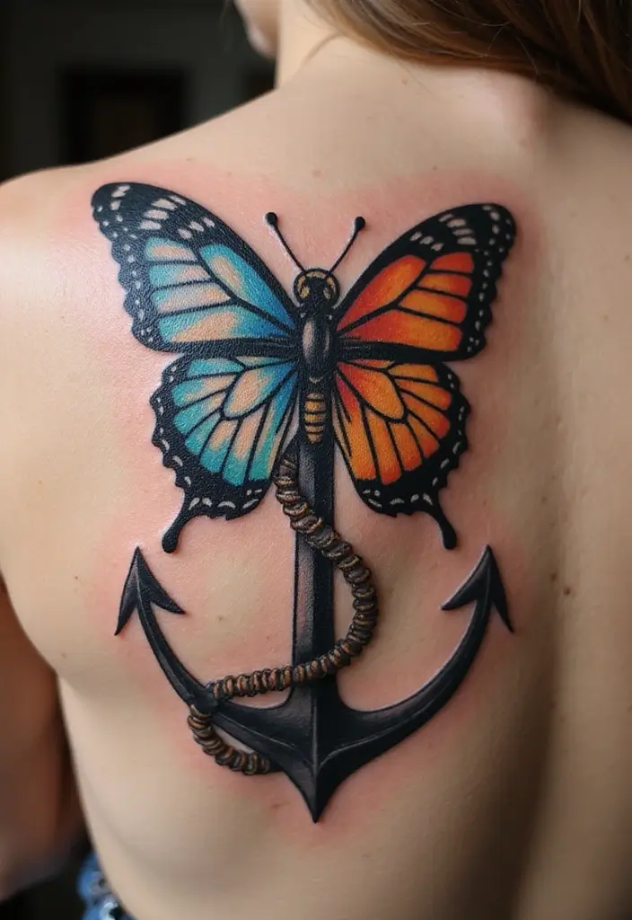 30 Butterfly Tattoos on Shoulder for Graceful Inspiration - 29. Butterfly and Anchor