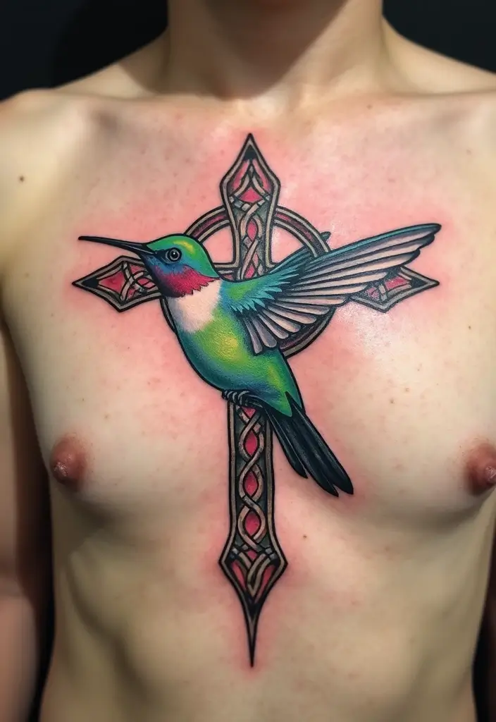 30 Celtic Cross Tattoos with Deep Spiritual Significance - 29. Celtic Cross with a Hummingbird