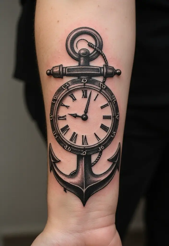 30 Clock Tattoo on Hand Ideas That Stand the Test of Time - 29. Clock with an Anchor