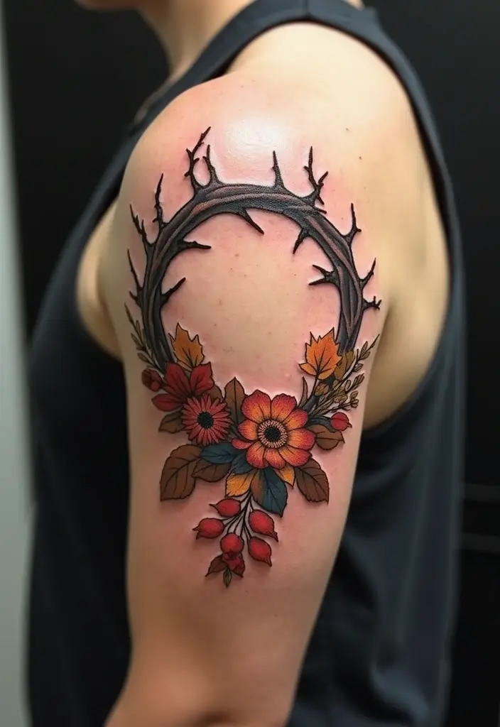 30 Crown of Thorns Bicep Tattoo Inspirations You’ll Admire - 29. Nature's Cycle